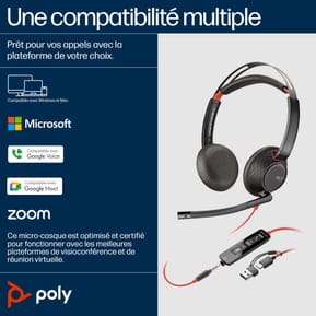 Micro-casque POLY Blackwire 5220 stéréo USB-C + connexion 3,5 mm + adaptateur USB-C/A (8X231AA) — image 4
