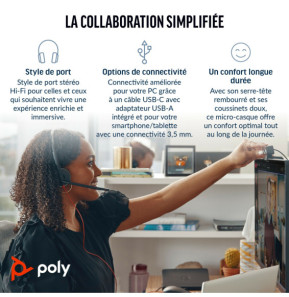 Micro-casque POLY Blackwire 3325 stéréo USB-C + connexion 3,5 mm + adaptateur USB-C/A (8X221AA)