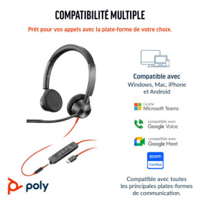 Micro-casque POLY Blackwire 3325 stéréo USB-C + connexion 3,5 mm + adaptateur USB-C/A (8X221AA)