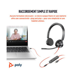Micro-casque POLY Blackwire 3325 stéréo USB-C + connexion 3,5 mm + adaptateur USB-C/A (8X221AA)