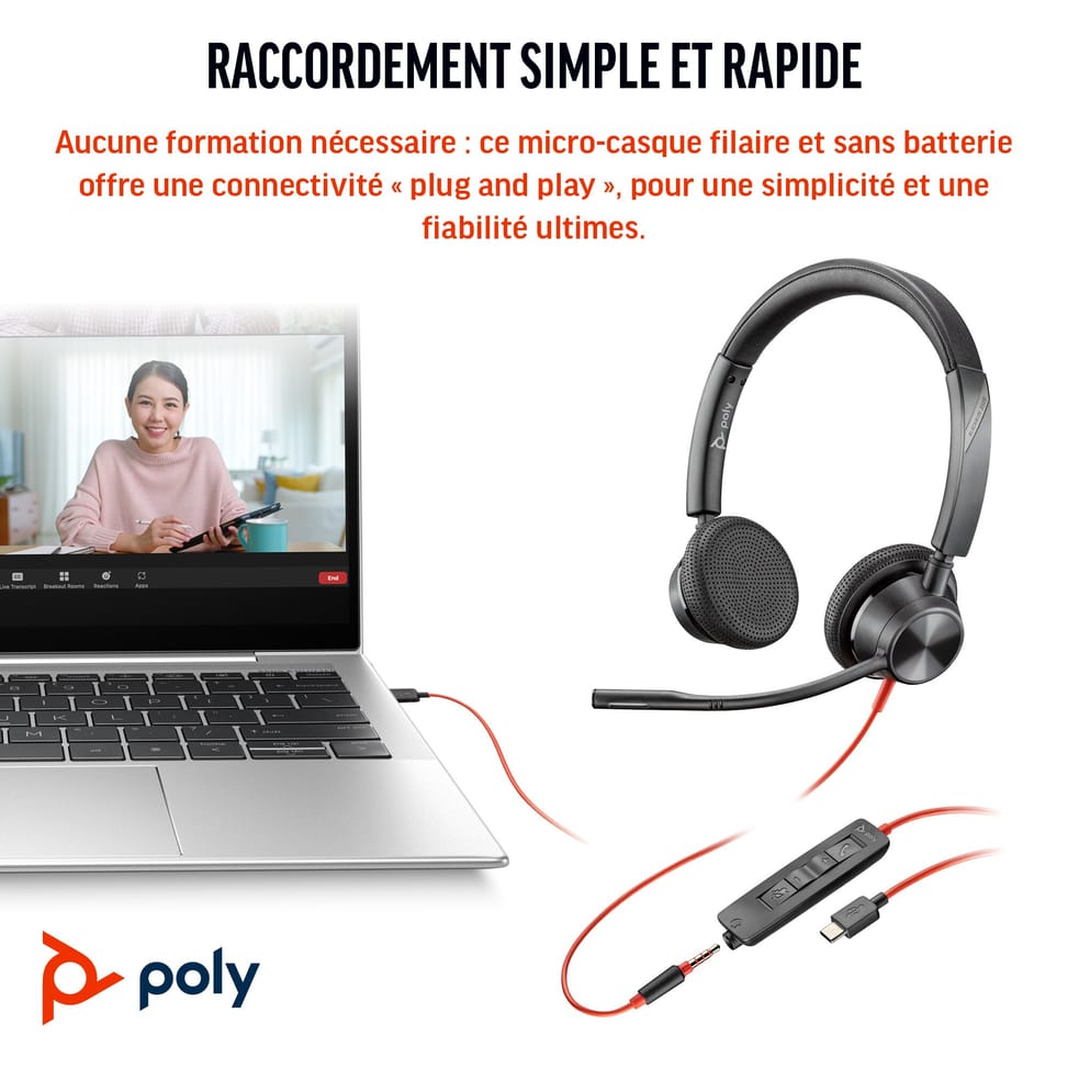 Micro-casque POLY Blackwire 3325 stéréo USB-C + connexion 3,5 mm + adaptateur USB-C/A (8X221AA) — image 6