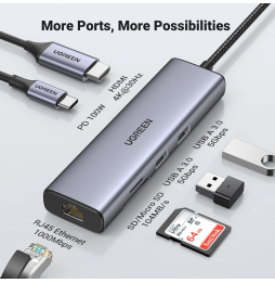 HUB Ugreen USB-C 7 en 1 Supporte PD (Power Delivery) 100W Recharge (90568)