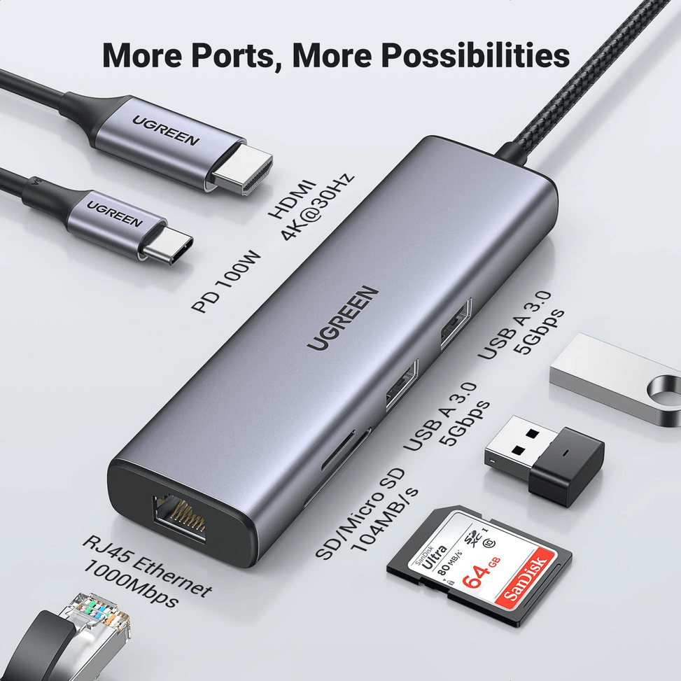 موزع Ugreen USB-C 7 في 1 يدعم شحن PD (Power Delivery) 100W (90568) — صورة 2