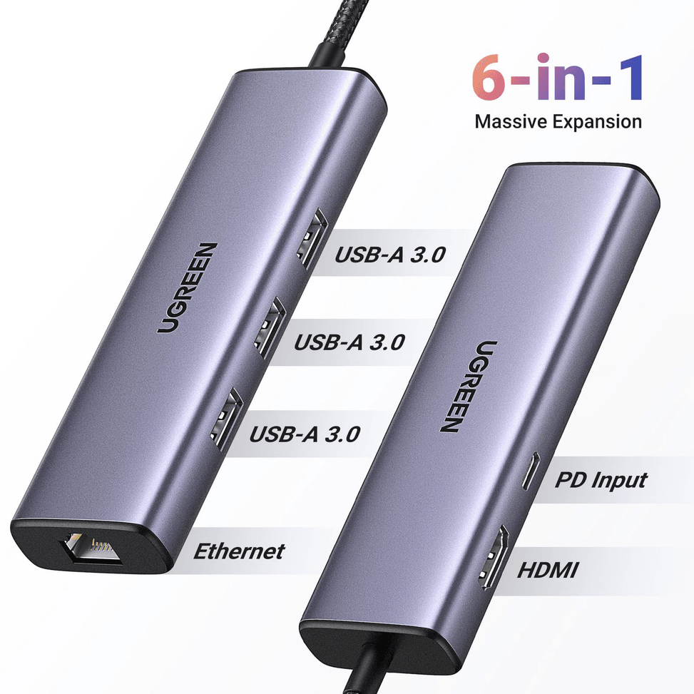 موزع Ugreen Revodok 1061 USB-C 6 في 1 يدعم شحن PD (Power Delivery) 100W (15598) — صورة 3