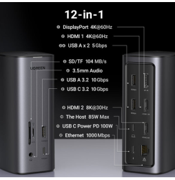Hub USB-C Ugreen Revodok 12 en 1 Supporte PD (Power Delivery) 100W Recharge (90325)