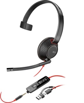 POLY Micro-casque monaural USB-C Blackwire 5210 + prise 3,5 mm + adaptateur USB-C/A (8X230AA)