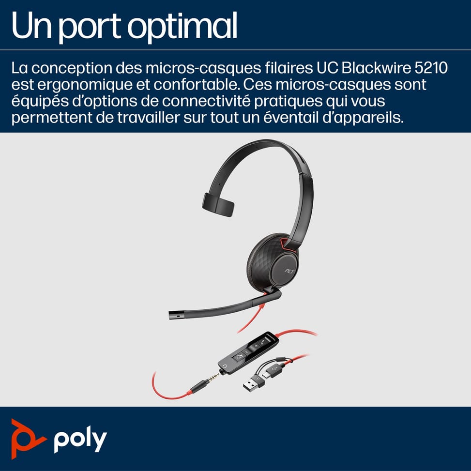 POLY Micro-casque monaural USB-C Blackwire 5210 + prise 3,5 mm + adaptateur USB-C/A (8X230AA) — image 2
