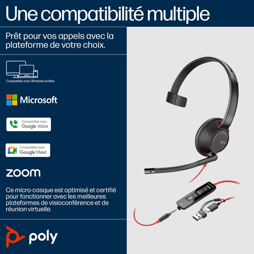 POLY Micro-casque monaural USB-C Blackwire 5210 + prise 3,5 mm + adaptateur USB-C/A (8X230AA) — image 5