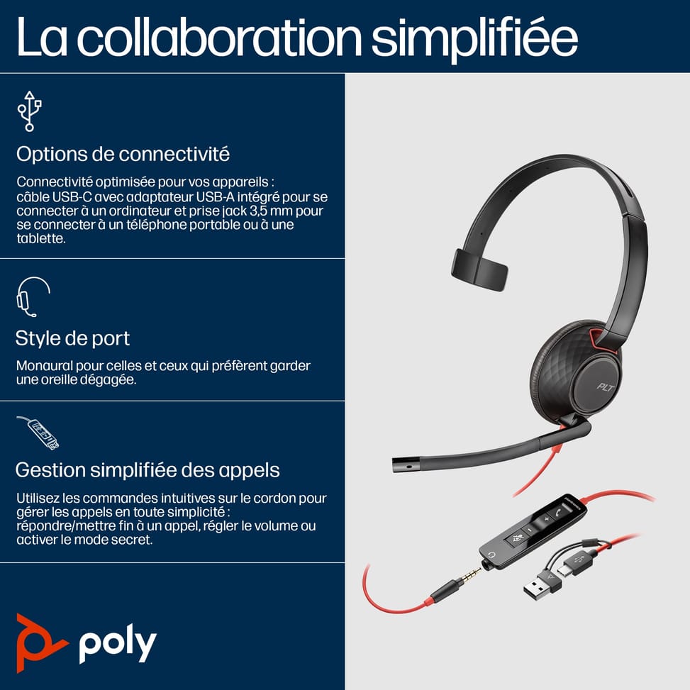 POLY Micro-casque monaural USB-C Blackwire 5210 + prise 3,5 mm + adaptateur USB-C/A (8X230AA) — image 6