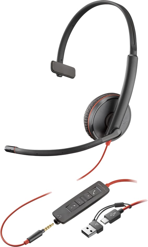 POLY Micro-casque monaural USB-C Blackwire 3215 + prise 3,5 mm + adaptateur USB-C/A (lot) (8X227A6)