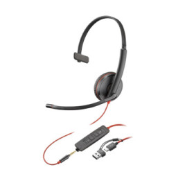 POLY Micro-casque Blackwire 3215 monaural USB-C + connexion 3,5 mm + adaptateur USB-C/A (8X227AA)