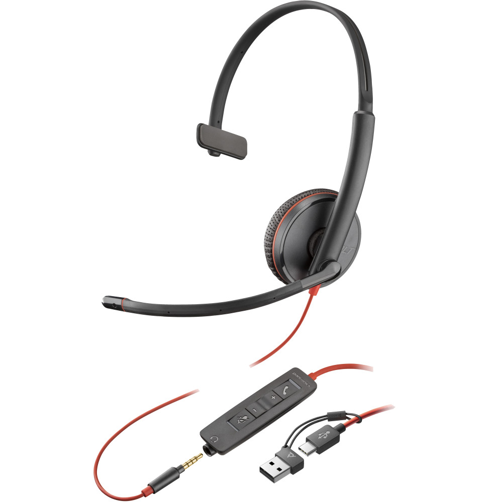 POLY Micro-casque Blackwire 3215 monaural USB-C + connexion 3,5 mm + adaptateur USB-C/A (8X227AA)