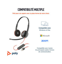 POLY Micro-casque stéréo USB-C Blackwire 3220 + adaptateur USB-C/A (lot) (8X228A6)