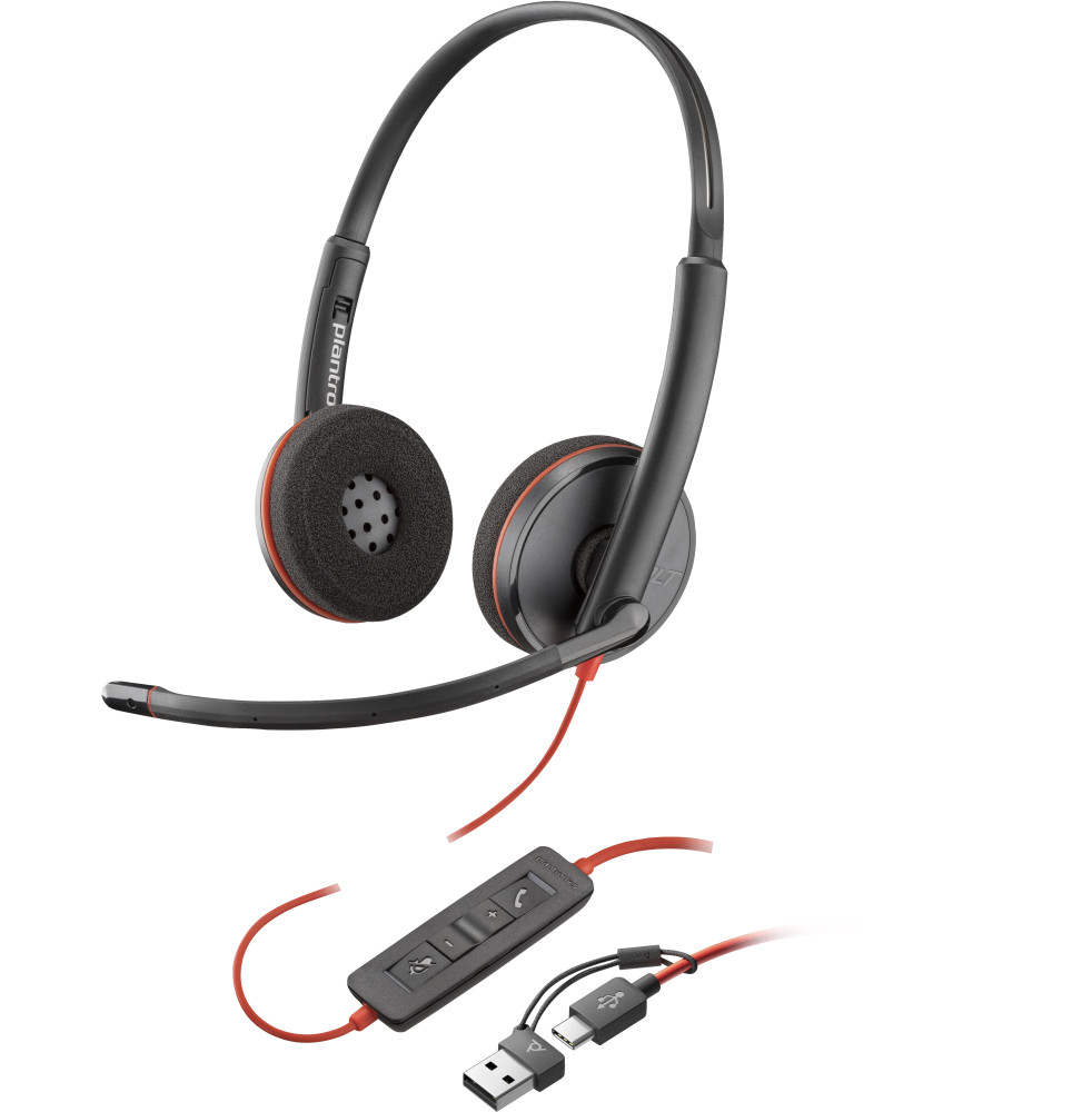 POLY Micro-casque stéréo USB-C noir Blackwire 3220 + adaptateur USB-C/A (vlot) (8X2J9A6)