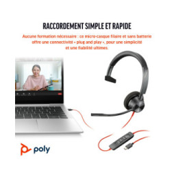POLY Micro-casque Blackwire 3310 monaural USB-C certifié Microsoft Teams + adaptateur USB-C/A (8X216AA)