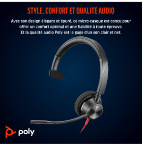 POLY Micro-casque Blackwire 3310 monaural USB-C certifié Microsoft Teams + adaptateur USB-C/A (8X216AA)