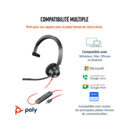 POLY Micro-casque Blackwire 3310 monaural USB-C certifié Microsoft Teams + adaptateur USB-C/A (8X216AA)