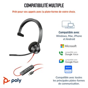 POLY Micro-casque Blackwire 3310 monaural USB-C certifié Microsoft Teams + adaptateur USB-C/A (8X216AA) — image 5