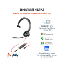 POLY Micro-casque Blackwire 3315 monaural USB-C + connexion 3,5 mm + adaptateur USB-C/A (8X217AA)