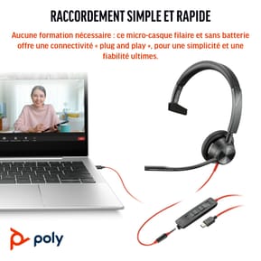 POLY Micro-casque Blackwire 3315 monaural USB-C + connexion 3,5 mm + adaptateur USB-C/A (8X217AA) — image 3
