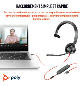 POLY Micro-casque Blackwire 3315 monaural USB-C + connexion 3,5 mm + adaptateur USB-C/A (8X217AA)