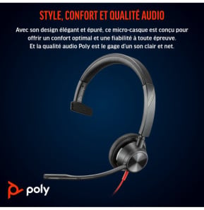 POLY Micro-casque Blackwire 3315 monaural USB-C + connexion 3,5 mm + adaptateur USB-C/A (8X217AA)
