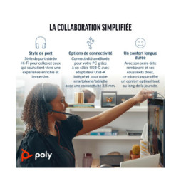 POLY Micro-casque Blackwire 3325 stéréo USB-C certifié Microsoft Teams + connexion 3,5 mm + adaptateur USB-C/A (8X222AA)