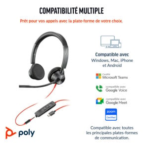 POLY Micro-casque Blackwire 3325 stéréo USB-C certifié Microsoft Teams + connexion 3,5 mm + adaptateur USB-C/A (8X222AA)