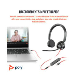 POLY Micro-casque Blackwire 3325 stéréo USB-C certifié Microsoft Teams + connexion 3,5 mm + adaptateur USB-C/A (8X222AA)