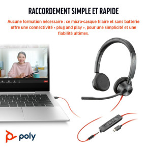 POLY Micro-casque Blackwire 3325 stéréo USB-C certifié Microsoft Teams + connexion 3,5 mm + adaptateur USB-C/A (8X222AA)