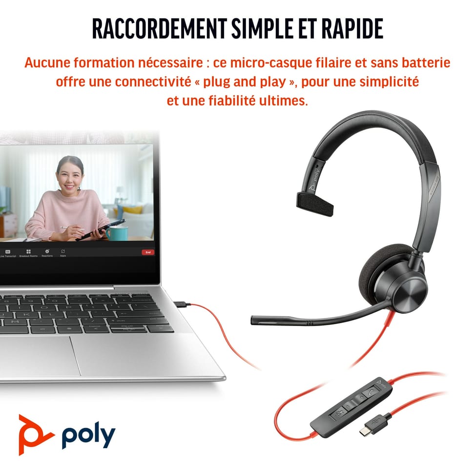 POLY Micro-casque Blackwire 3310 monaural USB-C + adaptateur USB-C/A (8X215AA) — image 2