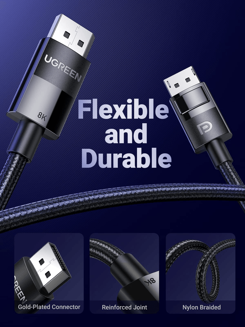 كابل Ugreen DisplayPort 1.4 ذكر إلى ذكر 8K - 3 أمتار (80393) — صورة 2