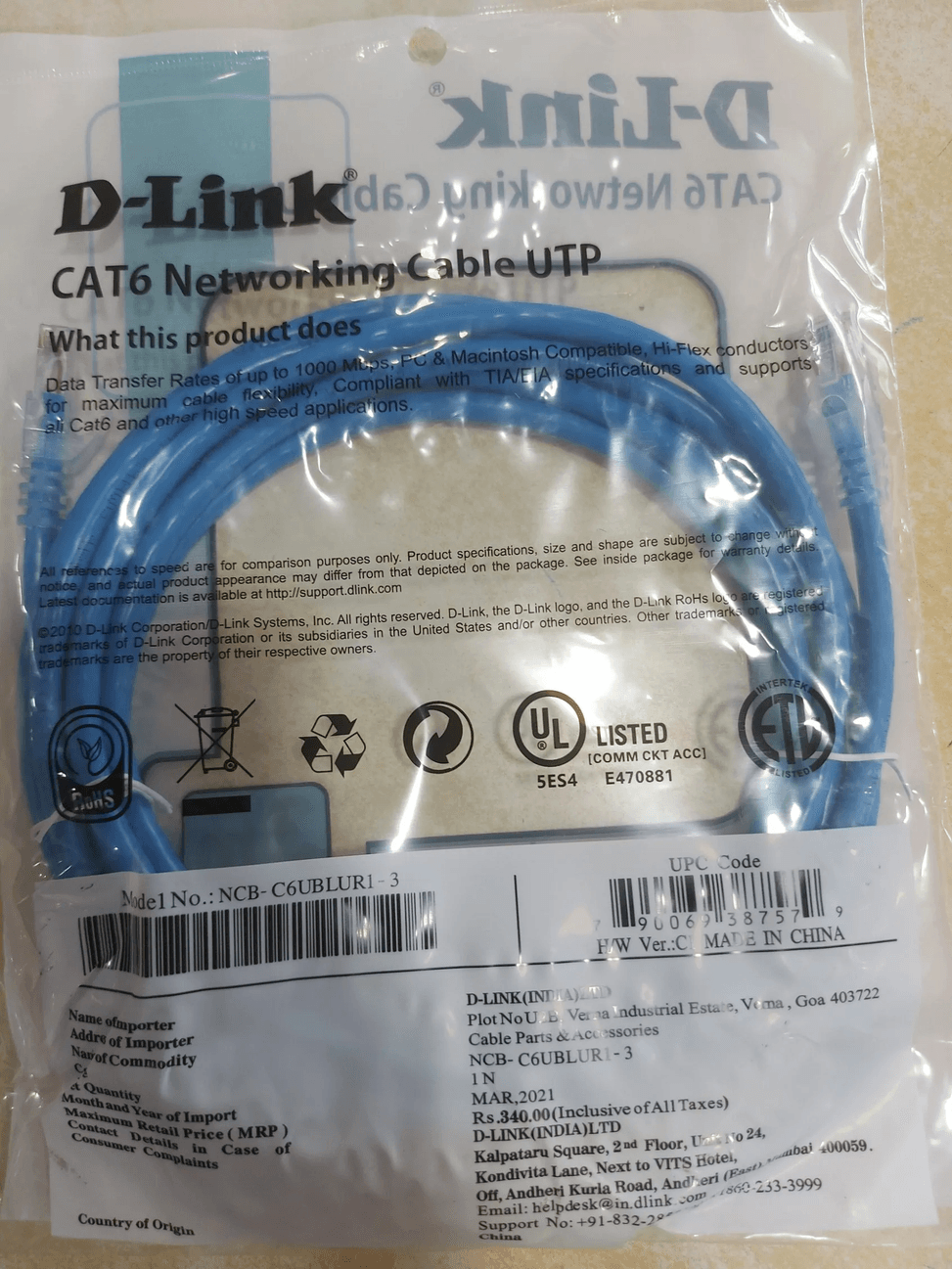 Cordon Patch D-Link Cat6 UTP 24AWG, 3M (NCB-C6UBLUR1-3) — image 2