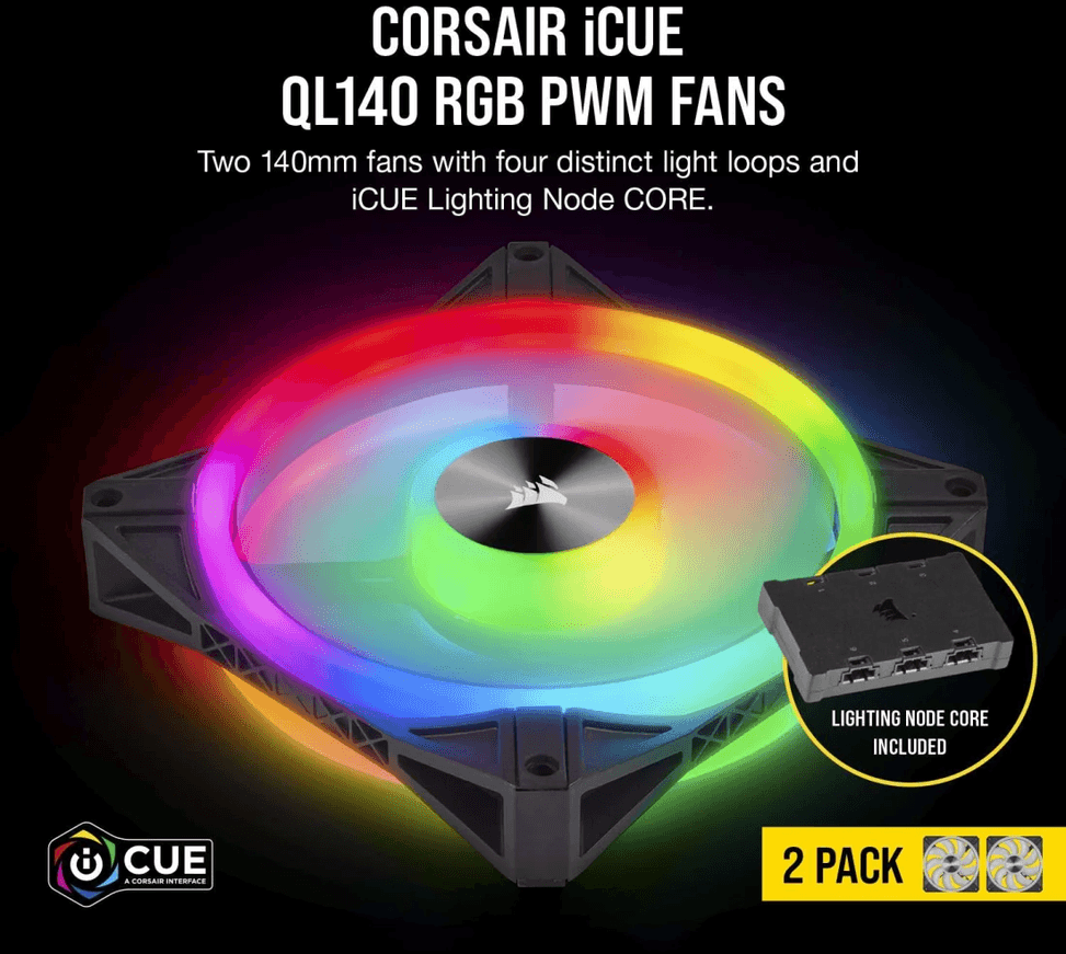 Kit de deux ventilateurs de Boitier Corsair QL140 RGB 140 mm avec Lighting Node CORE (CO-9050100-WW) — image 10