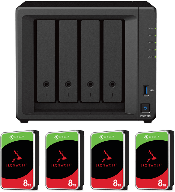 Serveur NAS 4 baies Synology DiskStation DS923+ avec disques durs 32 To (4* Seagate IronWolf 8 To)
