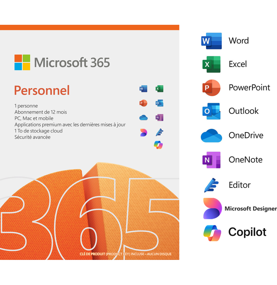 Microsoft 365 Personnel Français - abonnement 12 mois pour 1 personne (PC, Mac, iOS et Android)