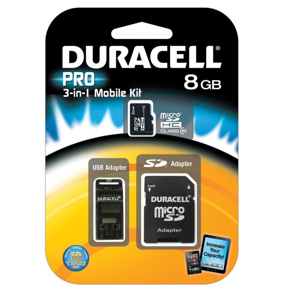 Carte mémoire Classe 10 Duracell flash microSDHC avec 2 Adapters - 8, 16 et 32 GB