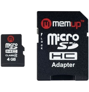 Carte micro SD HC Class 4 - 4 GB avec adaptateur SD - Memup