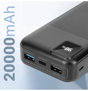 3mk Batterie de Secours 20000 mAh 2x USB et USB-C Voyant LED Noir