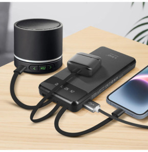 LinQ Batterie Secours 15000mAh Câble 4 en 1 Amovible et Sortie USB Compact Noir