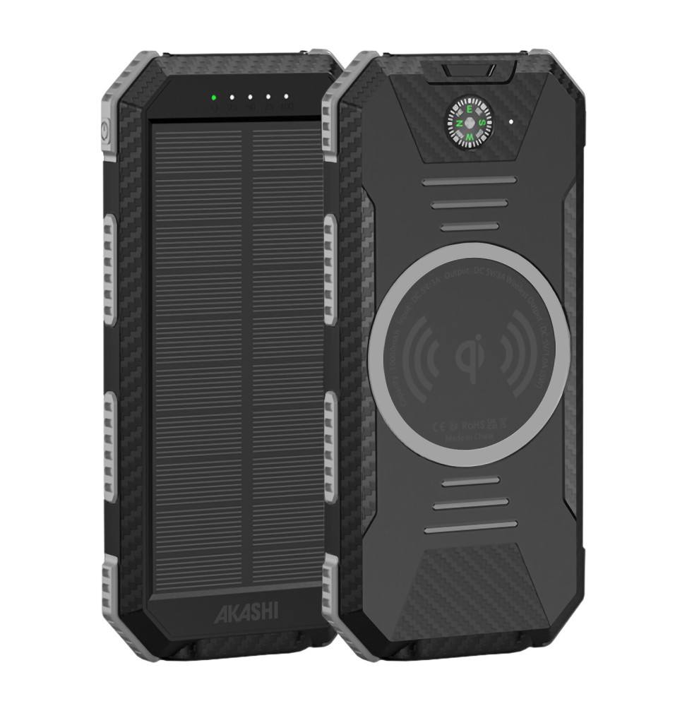 Akashi Batterie de Secours 10000 mAh Solaire Noir