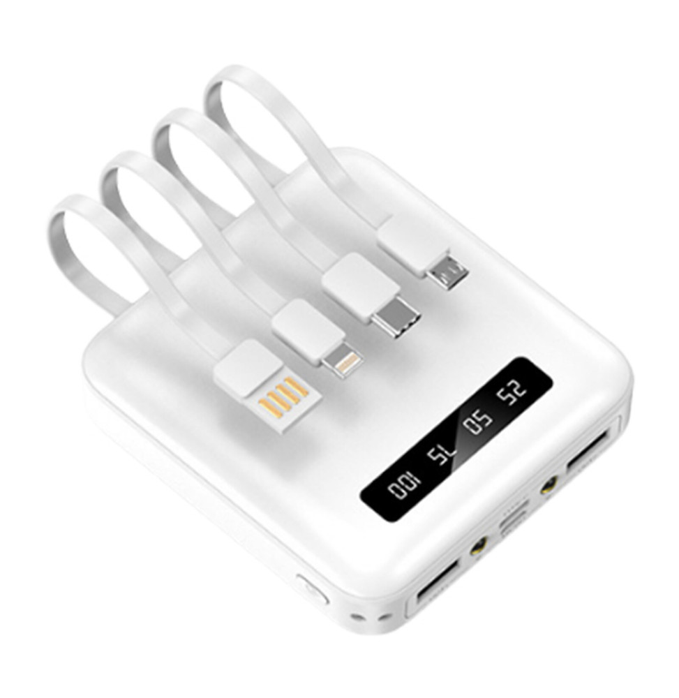 Akashi Batterie de Secours 10000 mAh 4 Câbles (Blanc)