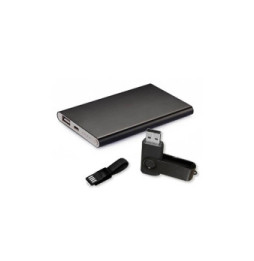 Polaroid - Set batterie externe en cuir 4000mAh, câble 2-en-1 et clé USB 4GO - PO1980-133 - Noir
