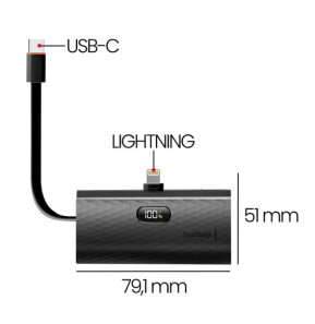 Forcell Chargeur Externe 5000mAh Connecteurs iPhone Lightning et USB C 20W Noir