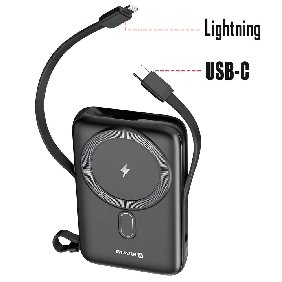 Swissten Powerbank MagSafe 10000mAh Câbles USB-C + Lightning intégrés Écran LCD Noir — image 4