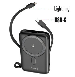 Swissten Powerbank MagSafe 10000mAh Câbles USB-C + Lightning intégrés Écran LCD Noir