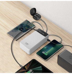 LinQ Batterie Secours 25800mAh Câble 4 en 1 Amovible et Sortie USB Compact Blanc