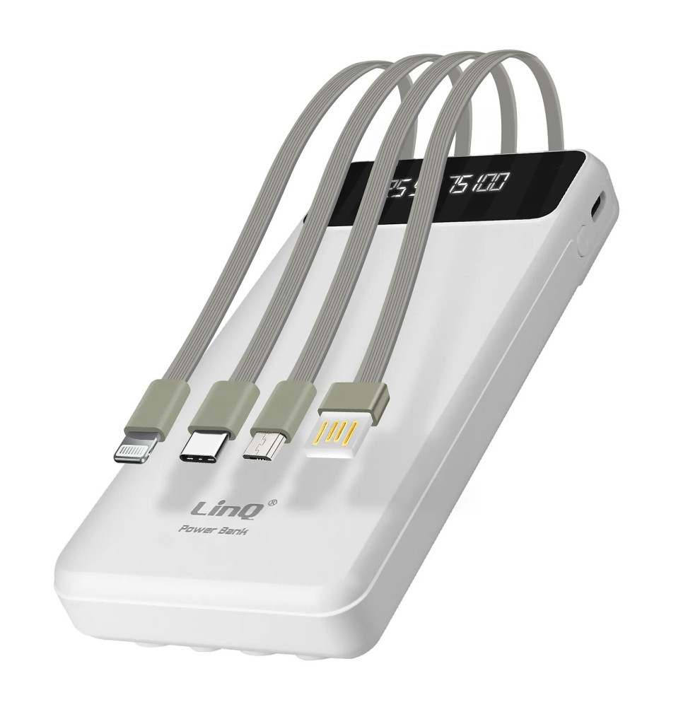 LinQ Batterie Secours 15000mAh Câble 4 en 1 Amovible et Sortie USB Compact blanc
