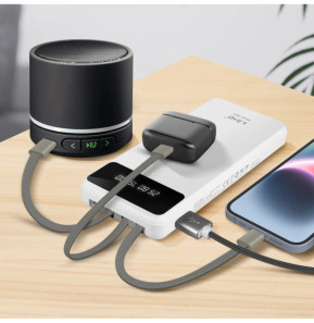 LinQ Batterie Secours 15000mAh Câble 4 en 1 Amovible et Sortie USB Compact blanc