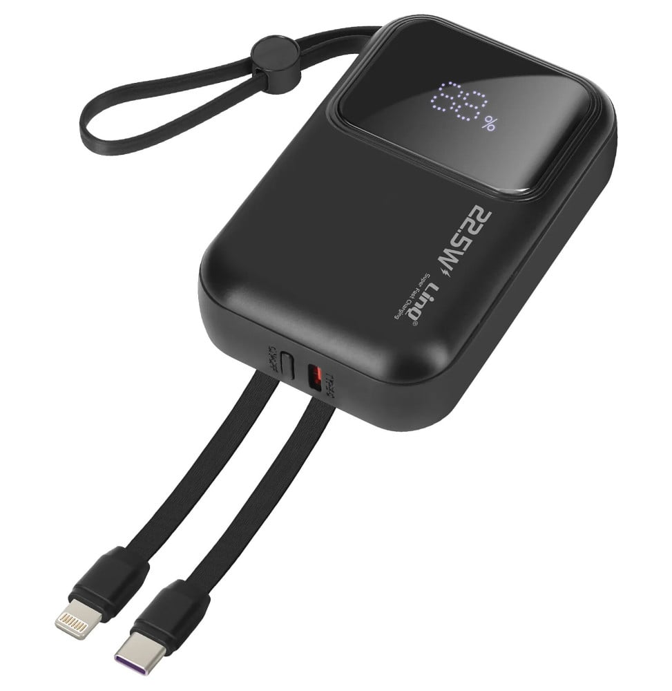 LinQ Batterie Externe 10000mAh + Câbles Lightning et USB C Compact Noir